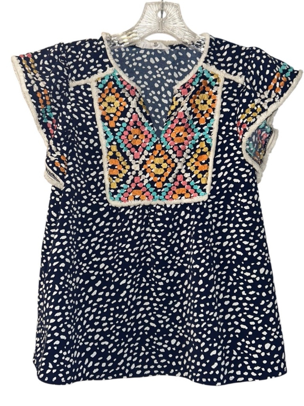 THML Anthropologie Navy White Spotted Colorful Cheyenne Top Sz XS